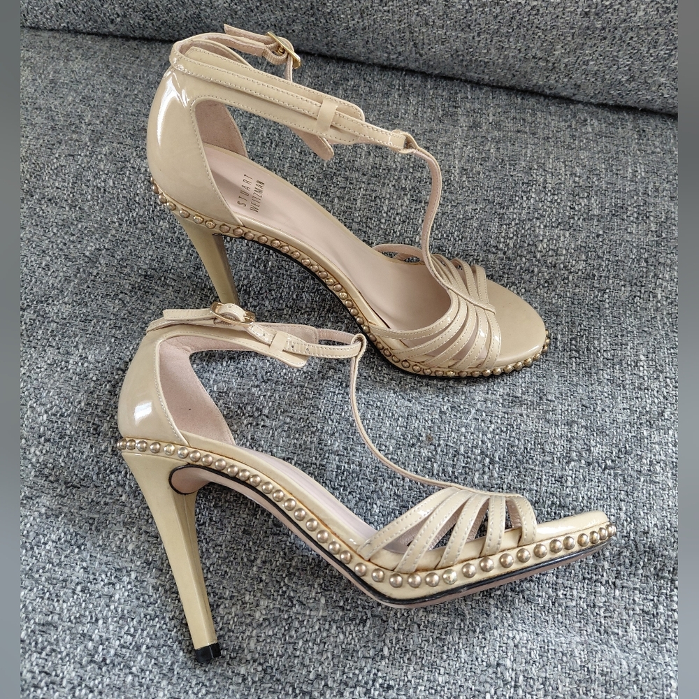 Stuart Weitzman Leather Studded Ankle Strap Stiletto Tan Heels 9.5
